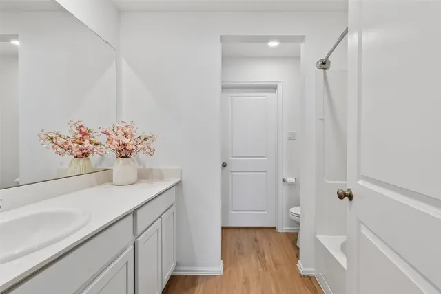 a bathroom with a sink vanity and a mirror