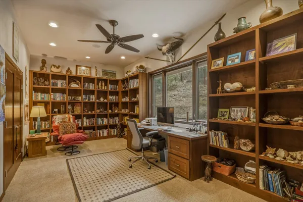 a view of a workspace with furniture and a book shelf