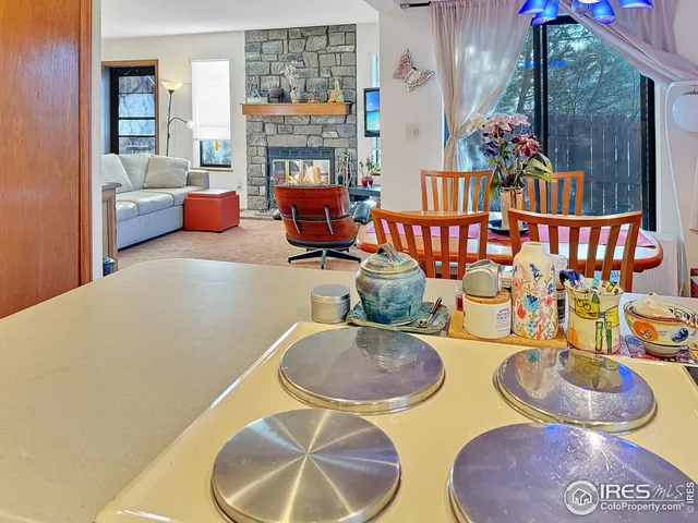 a dining room with furniture and a fireplace