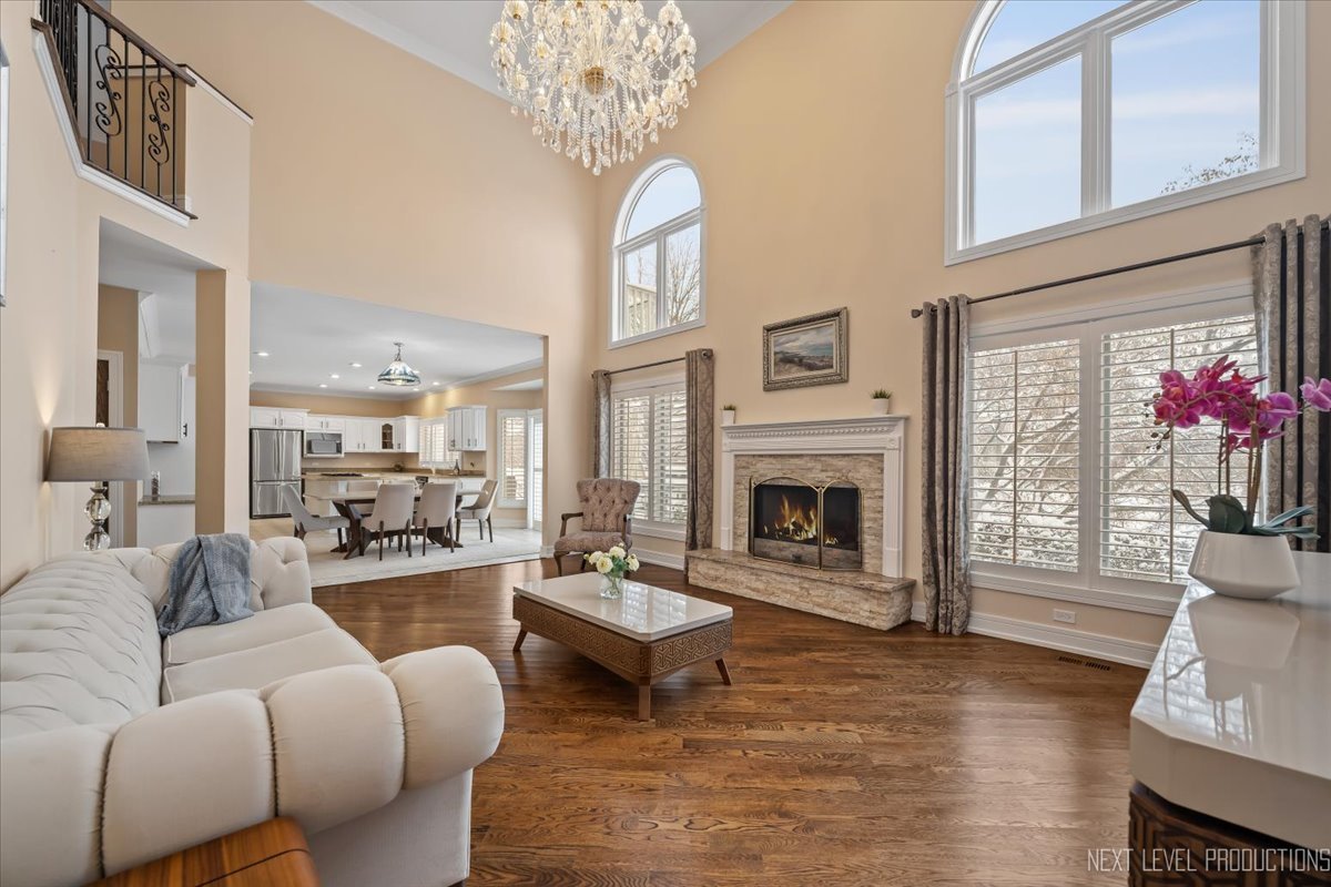 970 Waterside Court Aurora, IL 60502 - Photo 16 of 42 a living room with furniture a chandelier and a fireplace