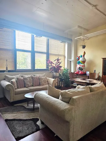 a living room with furniture and a potted plant
