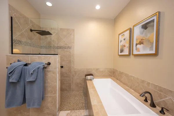 a bathroom with a tub and shower