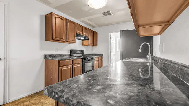 a kitchen with stainless steel appliances granite countertop a sink a stove top oven a chimney and a counter top space