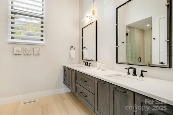 a bathroom with double vanity sink a mirror and a shower