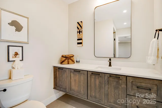 a bathroom with shower a mirror a sink and vanity