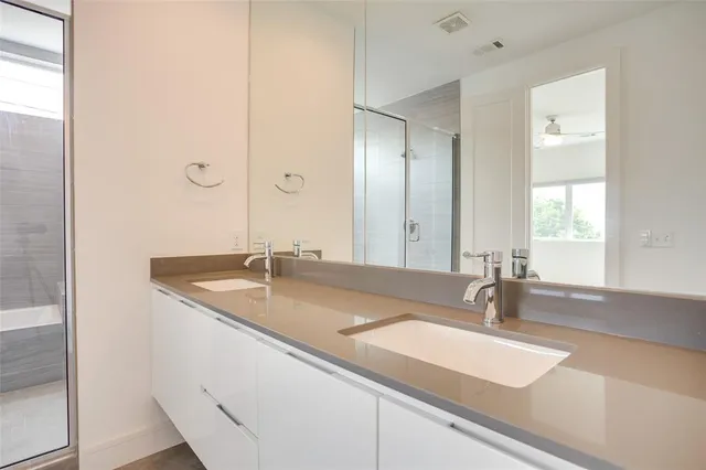 a bathroom with a sink and a large mirror