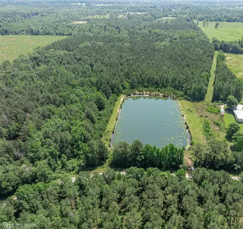 an aerial view of a house with a yard and lake view
