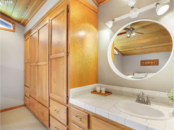 a bathroom with a sink mirror and vanity