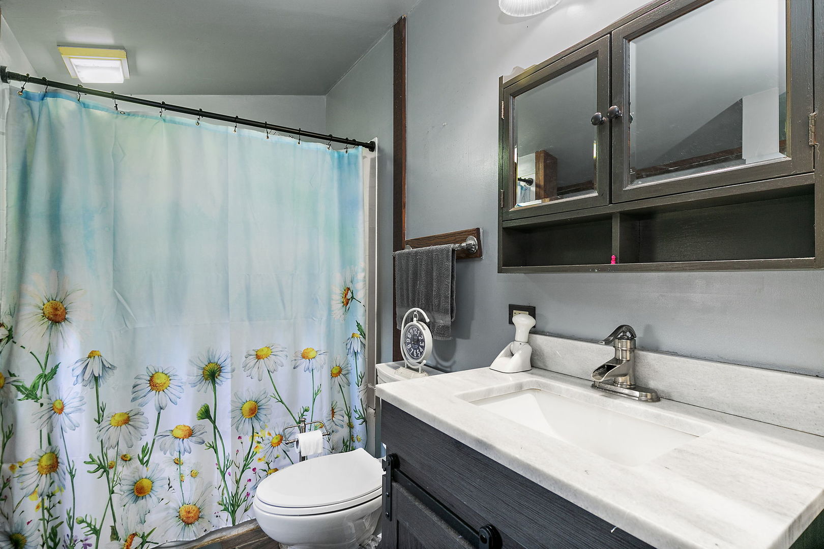 9602 Wright Road Harvard, IL 60033 - Photo 13 of 26 a bathroom with a sink a toilet and a shower curtain