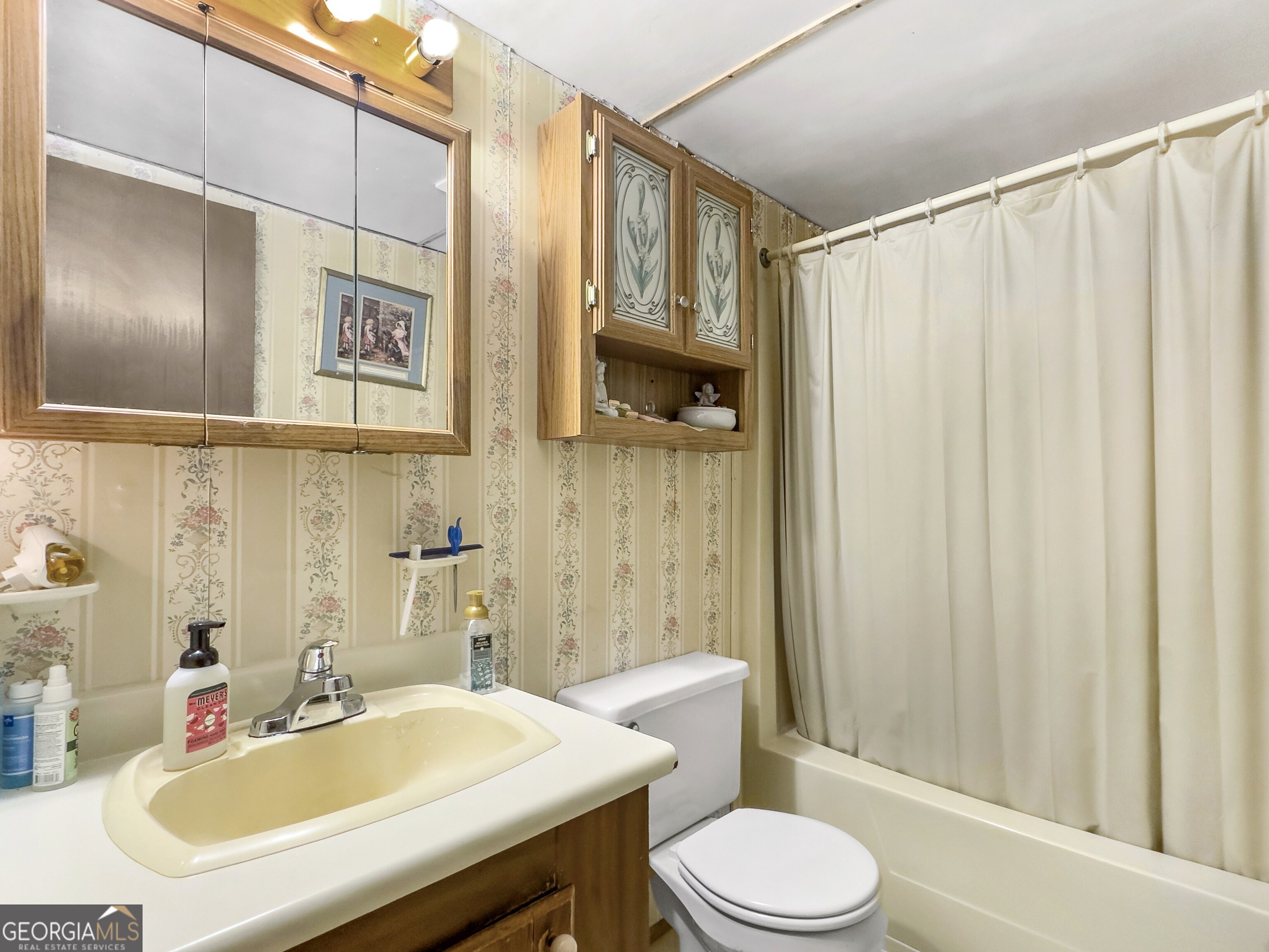 451 Weldon Lake Road Milner, GA 30257 - Photo 29 of 39 a bathroom with a sink a toilet and shower curtain