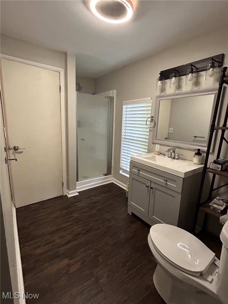 4853 Leon Road Andover, OH 44003 - Photo 25 of 33 Bathroom with vanity, toilet, hardwood / wood-style floors, and walk in shower