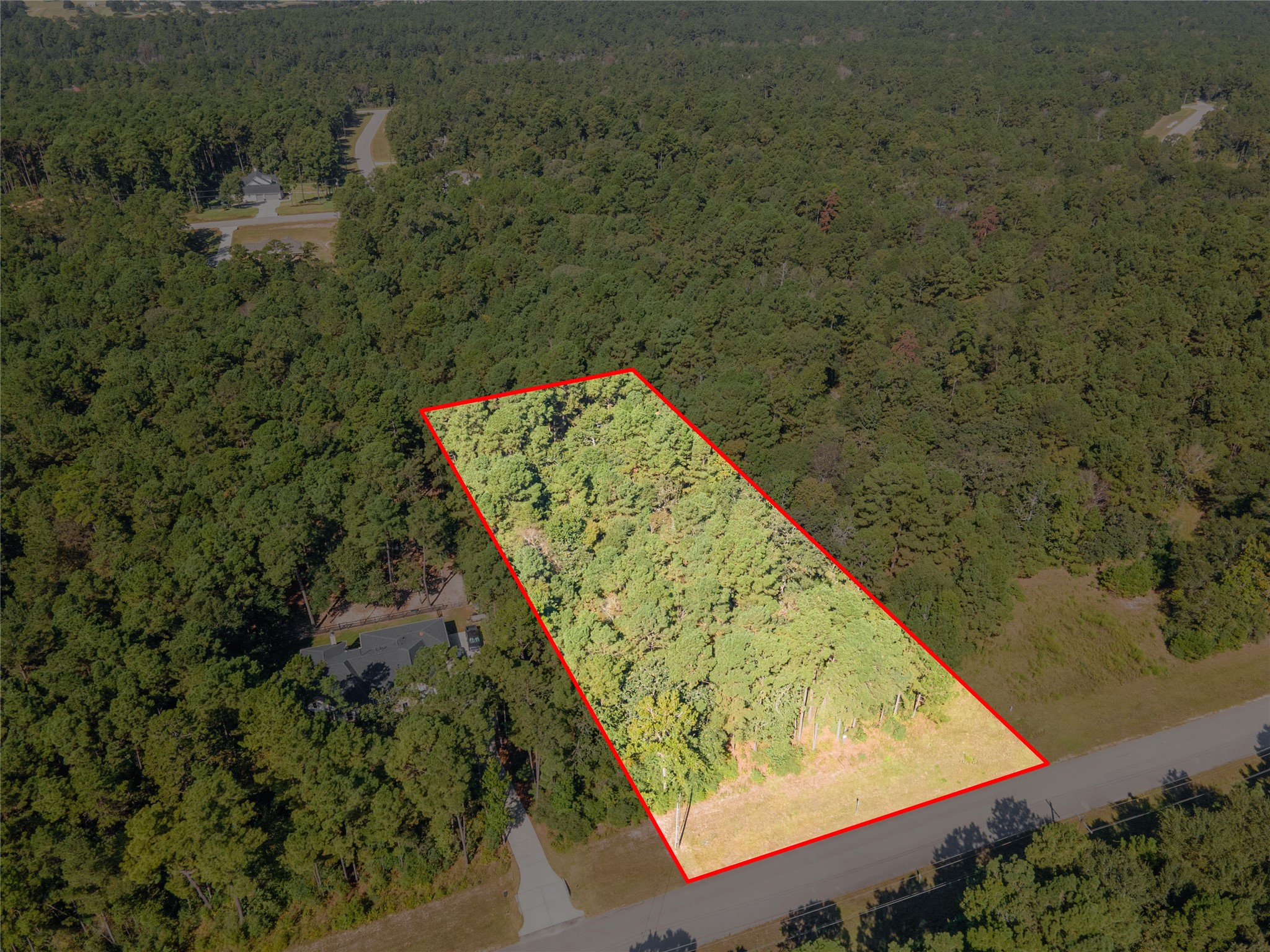 185 Rim Rock Road Huntsville, TX 77340 - Photo 4 of 18 Aerial view shows surrounding forest area and neighboring home.