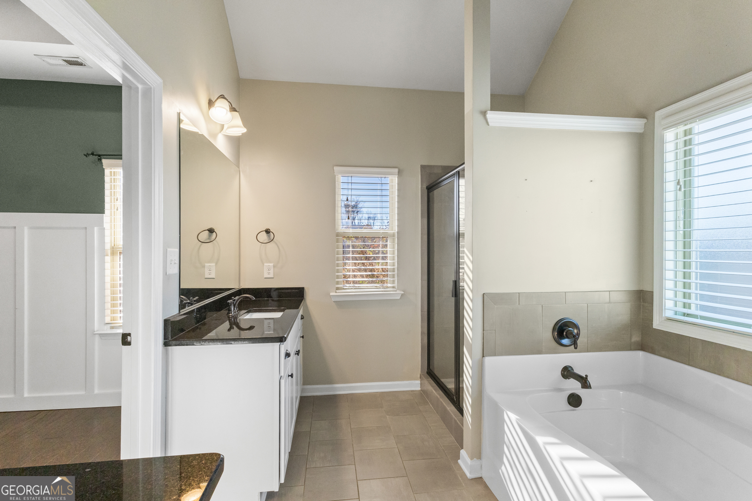 100 Wet Stone Road Senoia, GA 30276 - Photo 16 of 54 a bathroom with a tub a sink a window and a shower