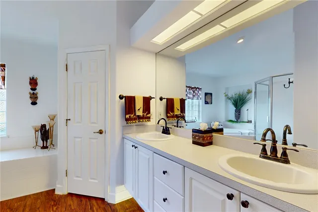 a bathroom with a sink double vanity and a tub