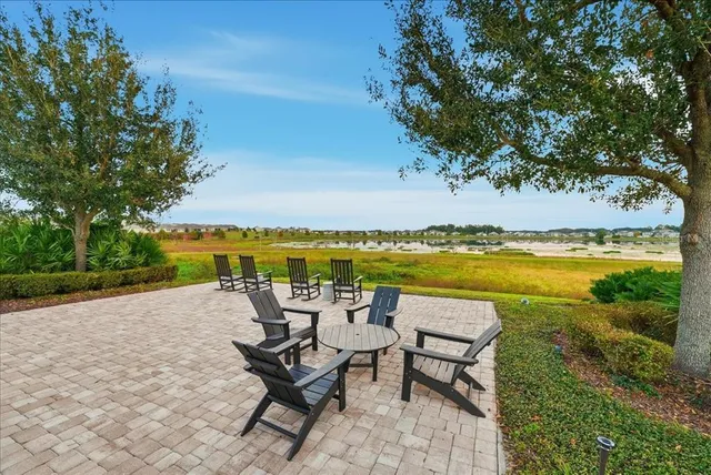 a view of swimming pool with outdoor seating and lake