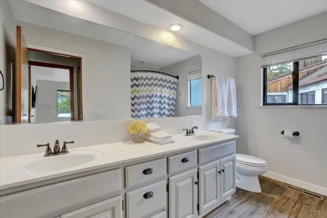 an aerial view of a residential houses with outdoor space and trees