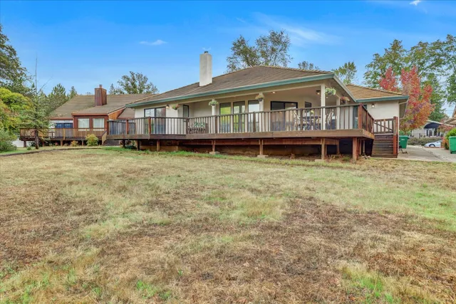 a view of a patio with table and chairs potted plants and palm tree