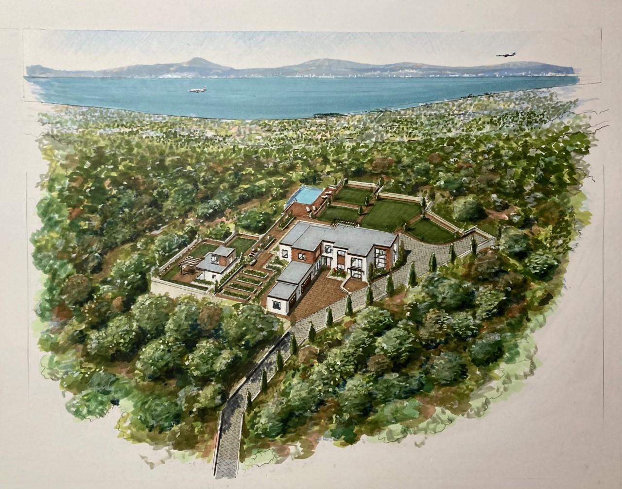 an aerial view of a house with a lake view