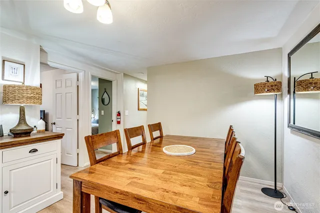 a view of a dining room with furniture