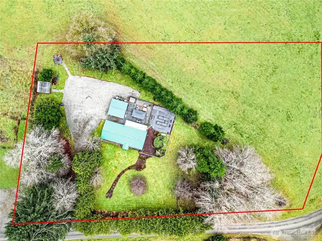 an aerial view of a house with a yard and large trees