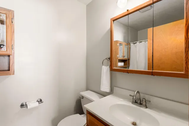 a bathroom with a sink a toilet and mirror