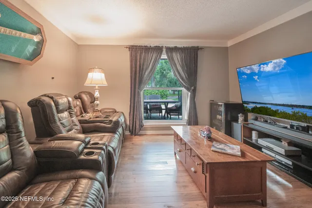 a garden view with a seating space