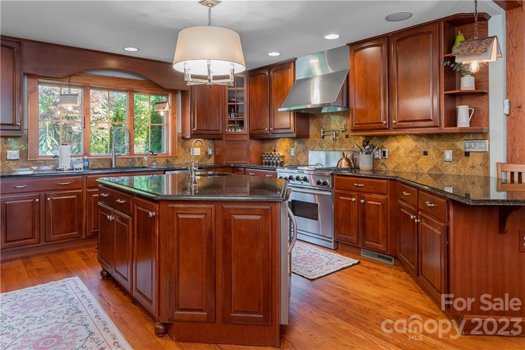 649 Morgan Hill Road Fairview, NC 28730 - Photo 13 of 48 a kitchen with stainless steel appliances granite countertop wooden cabinets a sink dishwasher a stove and a refrigerator