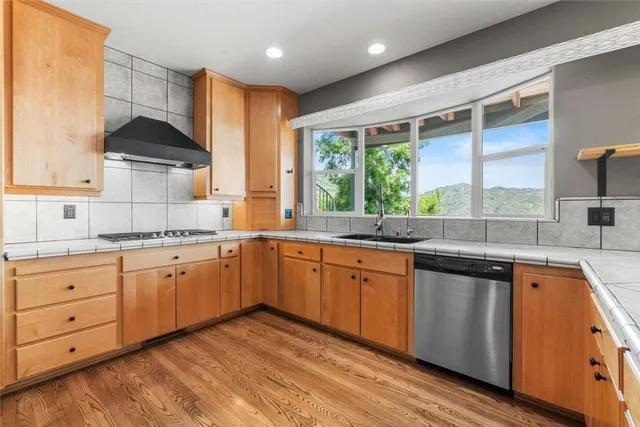 a kitchen with granite countertop a sink a counter space appliances and cabinets
