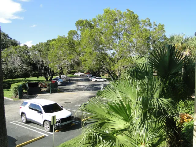 a swimming pool with some trees in the background
