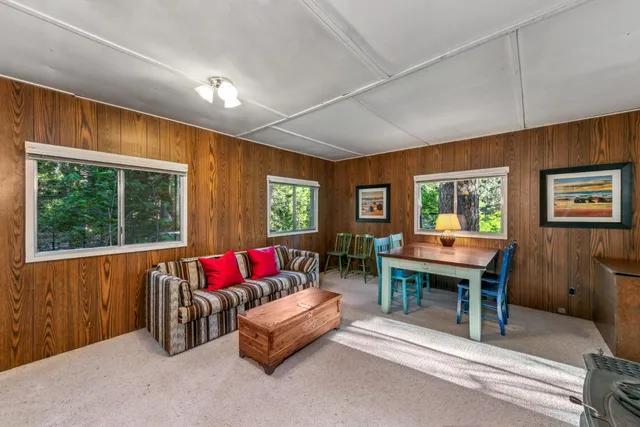 a living room with furniture a rug and a window