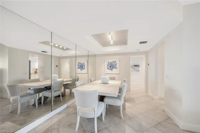 a view of a dining room with furniture