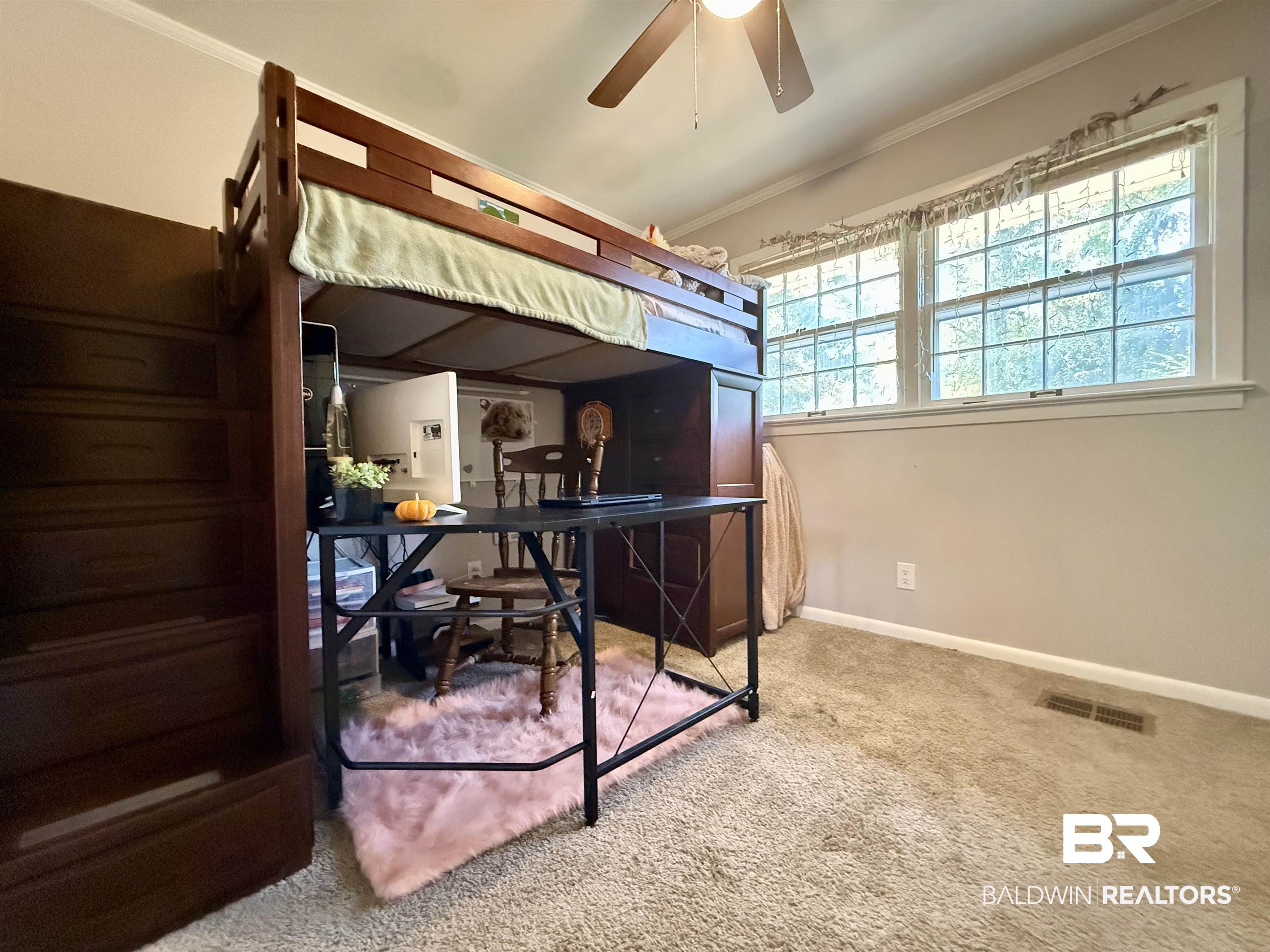 2785 Appleton Road Brewton, AL 36426 - Photo 17 of 28 Bedroom featuring ornamental molding, carpet flooring, and a ceiling fan