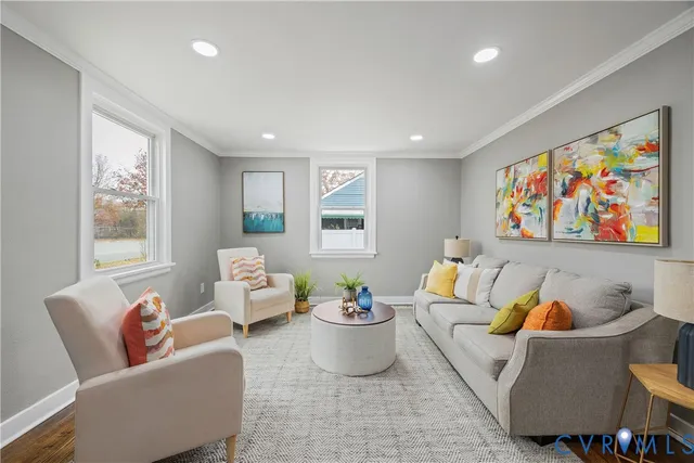 a living room with furniture and a potted plant