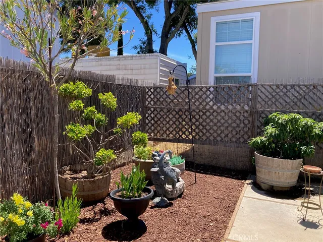 a view of a backyard with plants and flowers