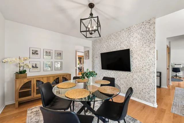 a view of a dining room with furniture