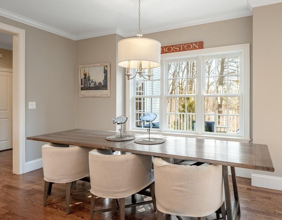 427 Lowell Road Concord, MA 01742 - Photo 8 of 35 a dining room with furniture a chandelier and wooden floor