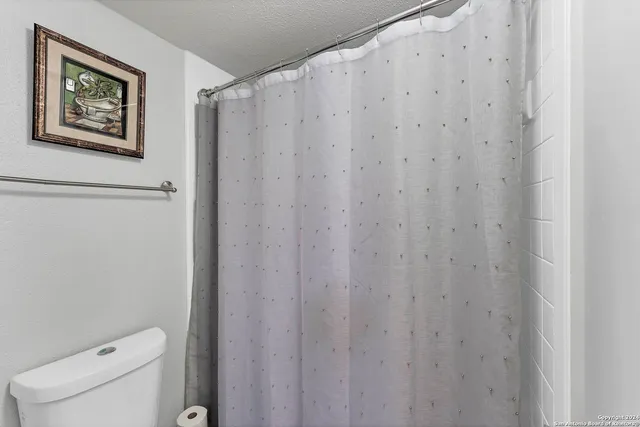 a bathroom with a shower curtain and a toilet