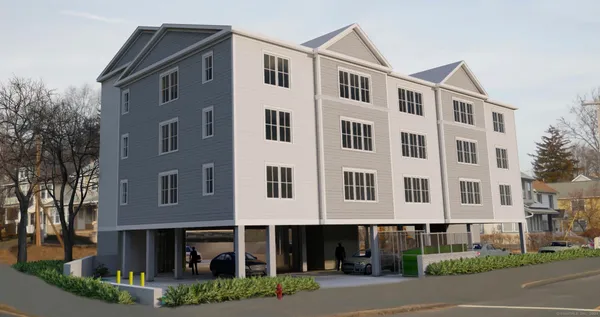 a front view of a building with street view