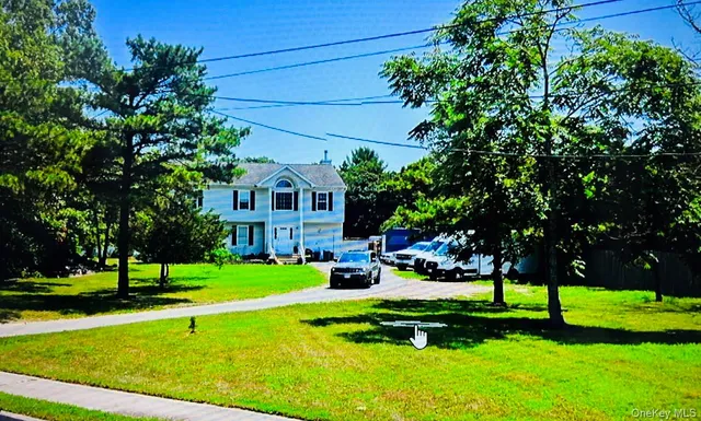 a view of a park with large trees