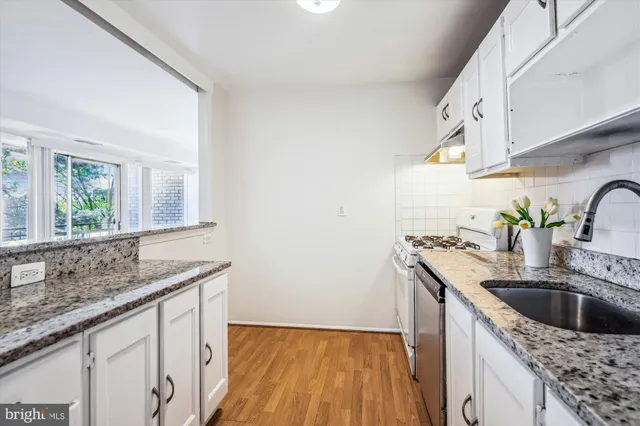 a kitchen with granite countertop a sink a counter space and cabinets