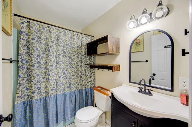 a bathroom with a sink mirror toilet and vanity