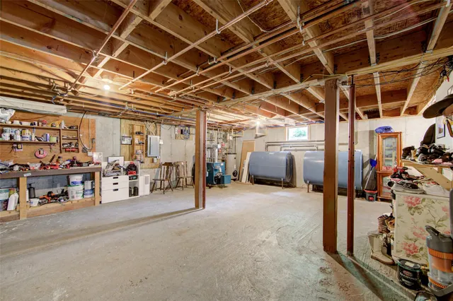 a view of a garage with storage