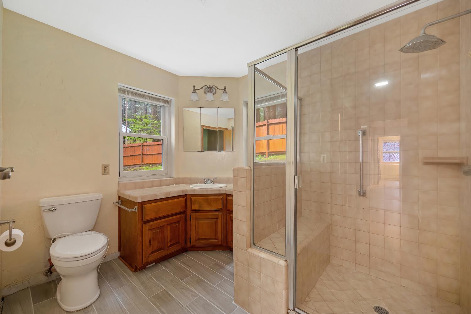 4580 Jenkinson Circle Pollock Pines, CA 95726 - Photo 27 of 78 a bathroom with a granite countertop sink a toilet and shower