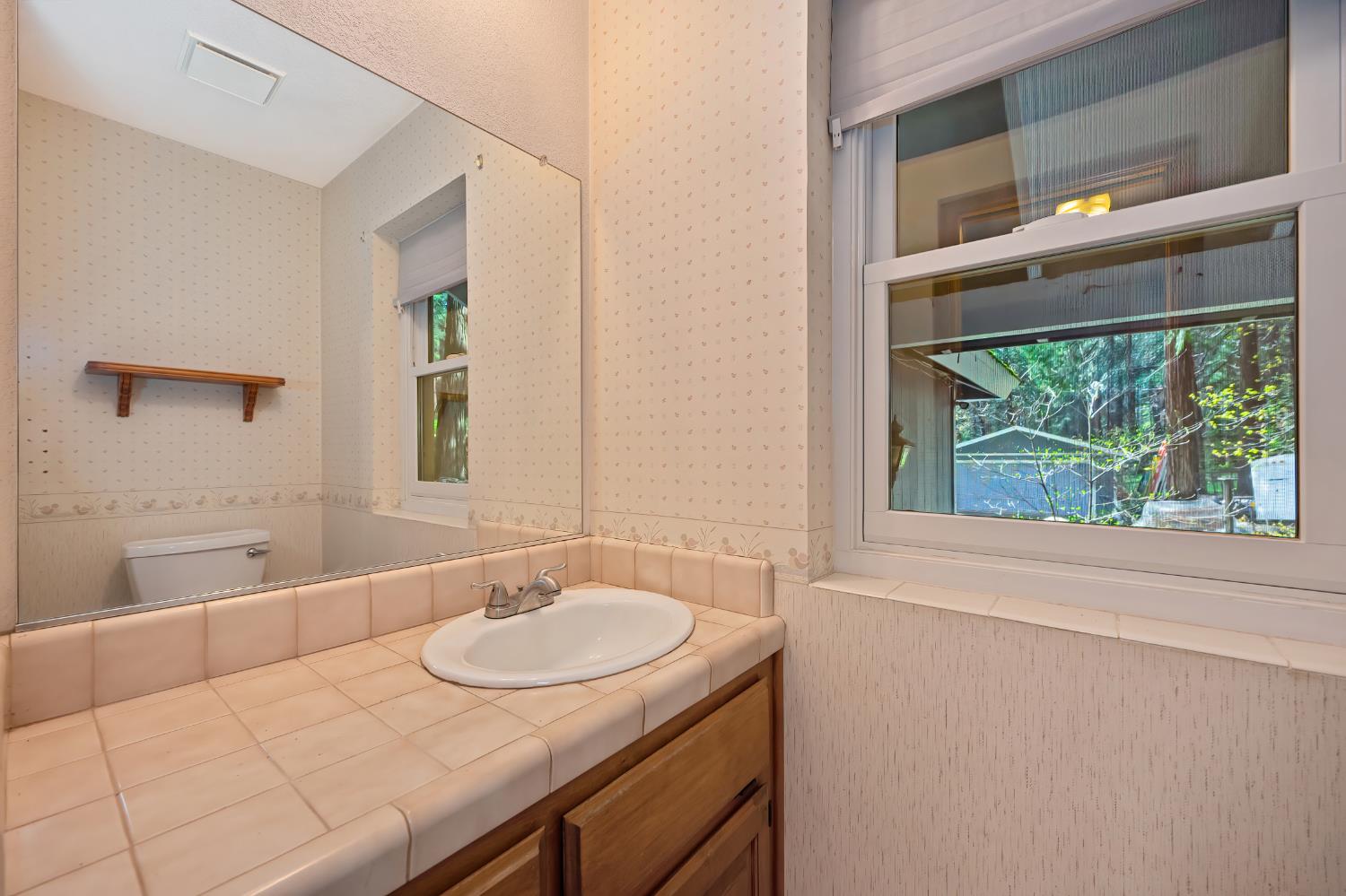 4580 Jenkinson Circle Pollock Pines, CA 95726 - Photo 46 of 78 a bathroom with a granite countertop sink and a mirror