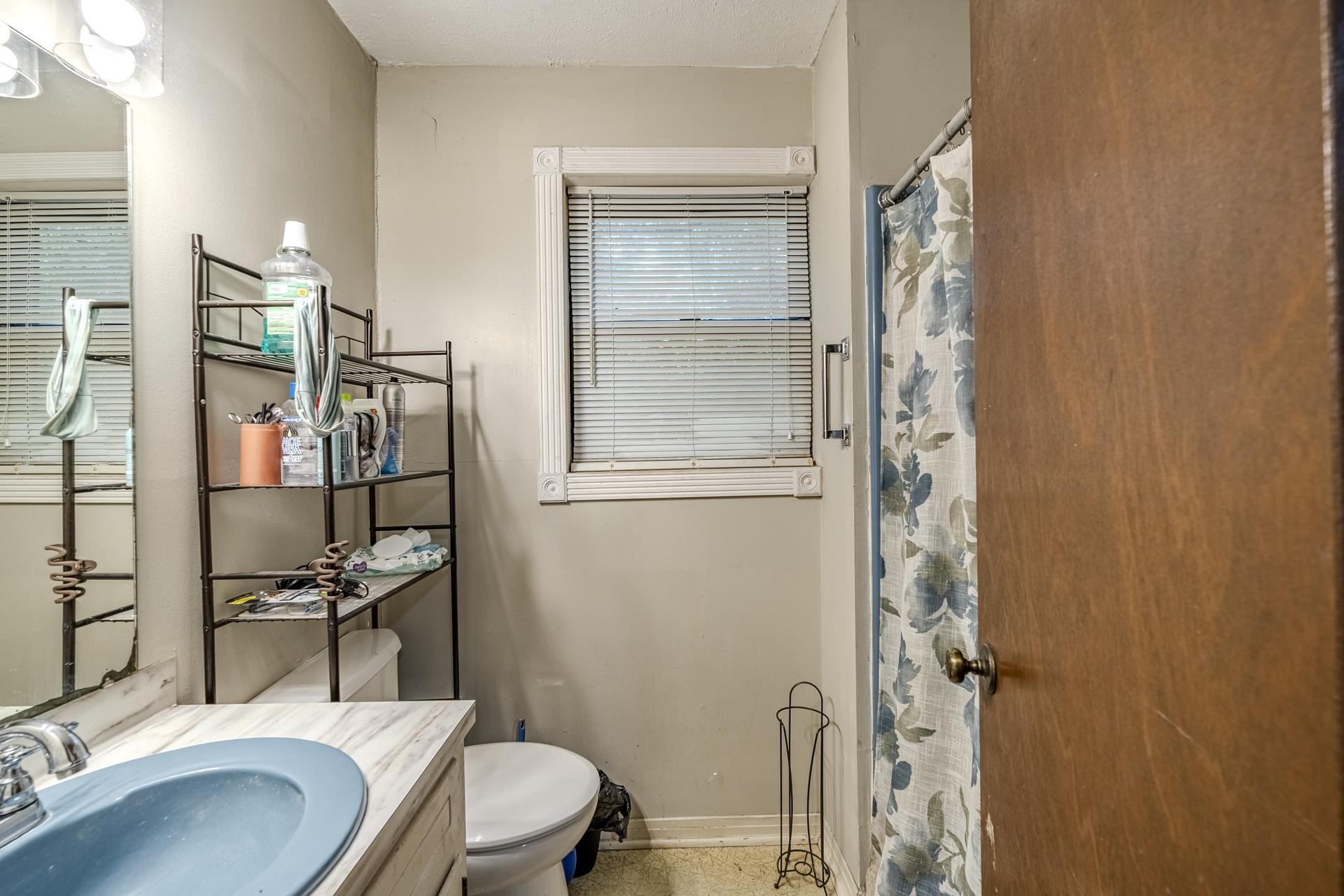 259 Oakview Drive Adamsville, TN 38310 - Photo 15 of 32 Bathroom featuring a vanity with a light blue basin, a window with blinds, and a shower with a curtain