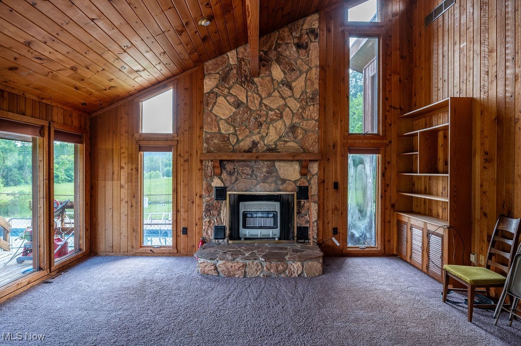 223 Autumn Run Road Friendly, WV 26146 - Photo 11 of 39 Unfurnished living room featuring carpet flooring, wooden ceiling, wooden walls, a fireplace, and heating unit