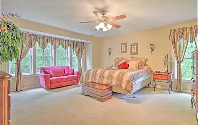 a bedroom with a bed couch and a large window