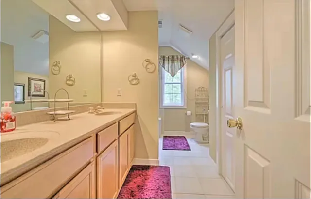 a bathroom with a sink vanity and a mirror
