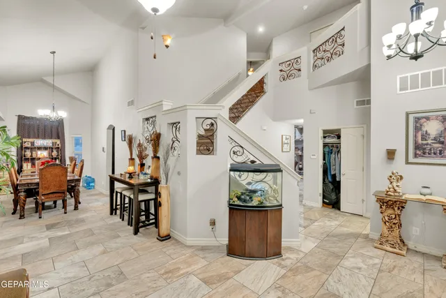 a view of a hallway with seating area