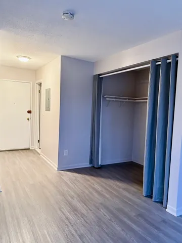 a view of an empty room with wooden floor and closet area